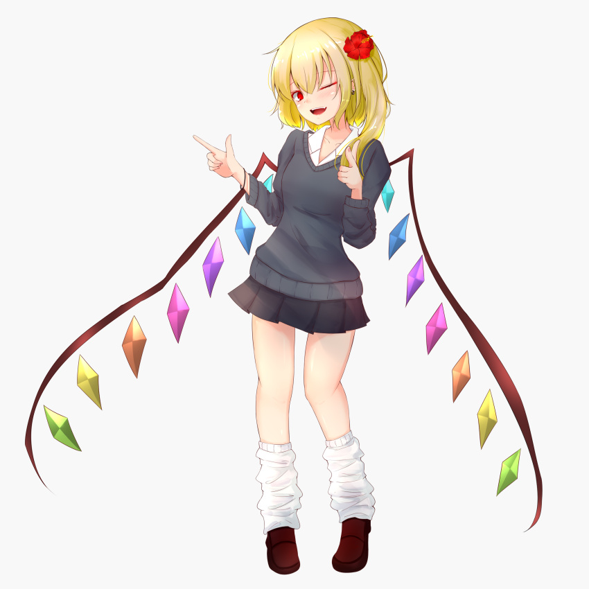 1girl ;d absurdres alternate_costume bangs black_skirt blonde_hair blush bracelet breasts brown_footwear collarbone collared_shirt commentary_request crystal earrings eyebrows_visible_through_hair fingernails flandre_scarlet flower full_body grey_sweater hair_flower hair_ornament hibiscus highres index_finger_raised jewelry kneehighs long_sleeves looking_at_viewer mamo_murata miniskirt no_hat no_headwear one_eye_closed one_side_up open_mouth pleated_skirt pointing red_eyes red_flower shirt short_hair simple_background skirt small_breasts smile solo standing sweater touhou white_background white_legwear white_shirt wings