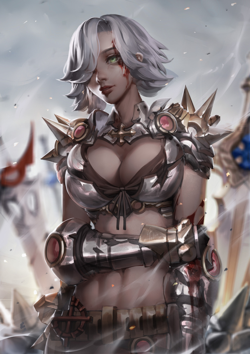 1girl absurdres armor bangs belt bikini_armor blood blood_on_arm blood_on_face blurry blurry_background breasts brown_belt cleavage commentary cross field_of_blades gauntlets green_eyes hair_over_one_eye highres large_breasts looking_to_the_side ragnarok_online rune_knight_(ragnarok_online) short_hair solo spiked_pauldrons sword tollrin-senpai upper_body weapon white_hair