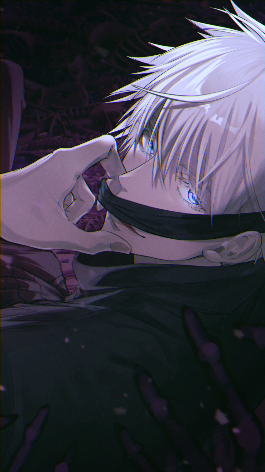 0042sama 1boy absurdres bangs black_jacket blindfold blindfold_removed blue_eyes dark glowing glowing_eyes gojou_satoru hair_between_eyes hand_up highres jacket jujutsu_kaisen looking_at_viewer male_focus open_mouth short_hair smile solo upper_body white_hair