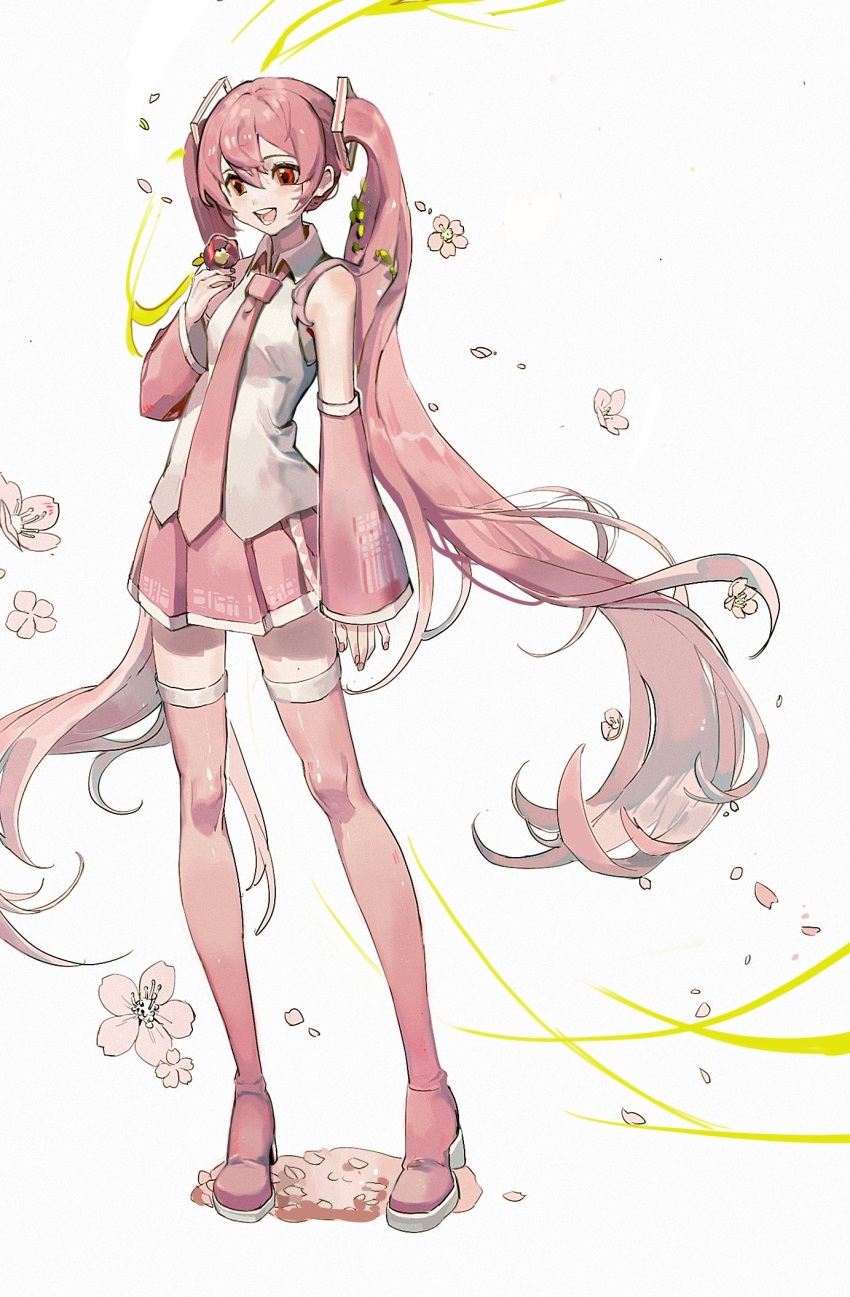1girl bare_shoulders cherry_blossoms commentary detached_sleeves falling_petals flower full_body hair_ornament hand_up hatsune_miku high_heels highres holding holding_flower long_hair looking_at_object miniskirt nail_polish necktie neonneon321 open_mouth petals pink_eyes pink_flower pink_hair pink_legwear pink_nails pink_neckwear pink_skirt pink_sleeves pleated_skirt sakura_miku shirt skirt sleeveless sleeveless_shirt smile standing thighhighs twintails very_long_hair vocaloid white_background white_shirt zettai_ryouiki