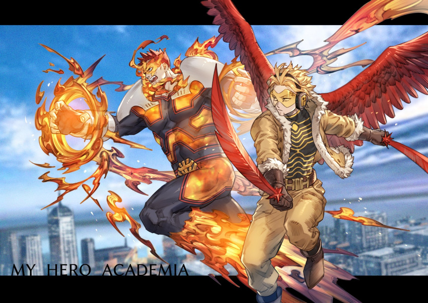 2boys akakokko_(niro_azarashi) armor blonde_hair blue_bodysuit blue_eyes bodysuit boku_no_hero_academia covered_abs covered_navel facial_hair feathered_wings fighting_stance fire flying full_body hawks_(boku_no_hero_academia) highres large_pectorals male_focus mature_male multiple_boys muscular muscular_male open_mouth pauldrons red_hair red_wings scar scar_across_eye short_hair shoulder_armor sideburns spiked_hair stubble thighs todoroki_enji wings