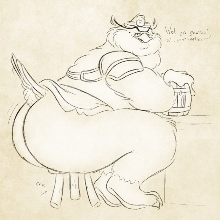1:1 2020 alcohol anthro armor avian beak beverage big_butt bird black_and_white butt clothed clothing dialogue dungeons_and_dragons english_text feathers fur furniture hasbro hi_res holding_beverage holding_object huge_butt huge_thighs hybrid looking_at_viewer male mammal monochrome obese obese_anthro obese_male onomatopoeia open_beak open_mouth overweight overweight_anthro overweight_male owl owlbear partially_clothed shaking side_view sitting solo sound_effects stool table tail_feathers talking_to_viewer text thick_thighs ursid vetoknox wide_hips wizards_of_the_coast