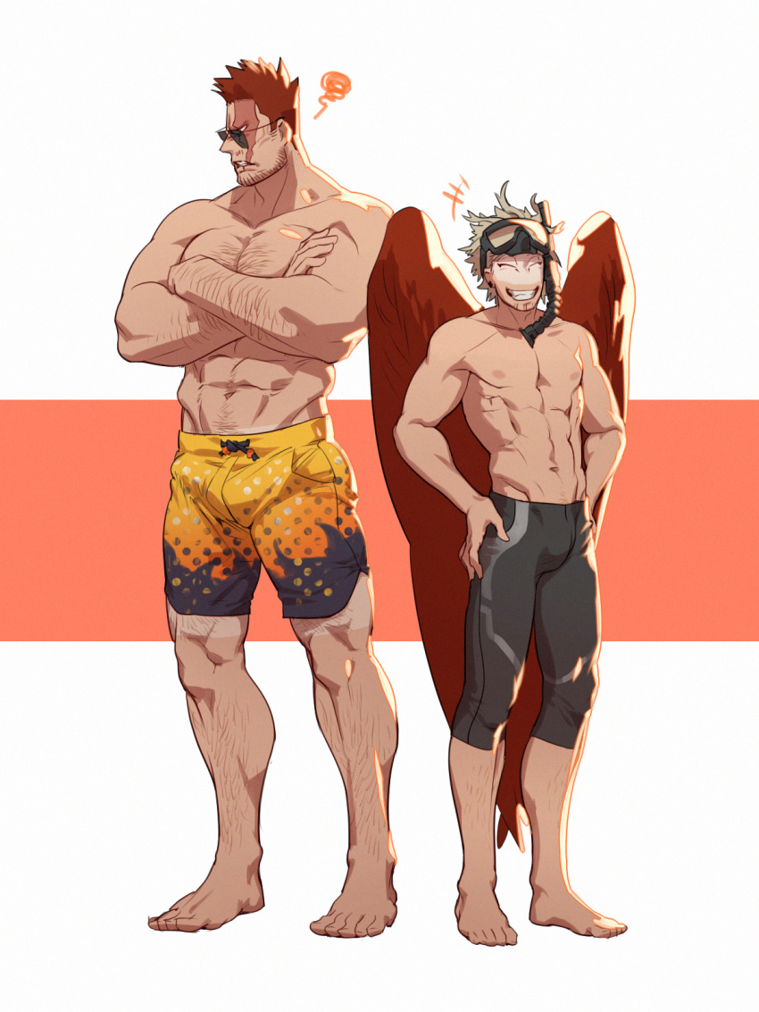 2boys abs arm_hair bara bare_pecs black_male_swimwear blonde_hair blue_eyes boku_no_hero_academia chest_hair couple crossed_arms diving_mask diving_mask_on_head facial_hair feathered_wings fukurau full_body hairy hawks_(boku_no_hero_academia) highres jammers large_pectorals leg_hair male_focus male_swimwear mature_male multiple_boys muscular muscular_male navel nipples orange_male_swimwear red_hair scar scar_across_eye short_hair sideburns smile spiked_hair stubble swim_trunks swimwear todoroki_enji toned toned_male wings