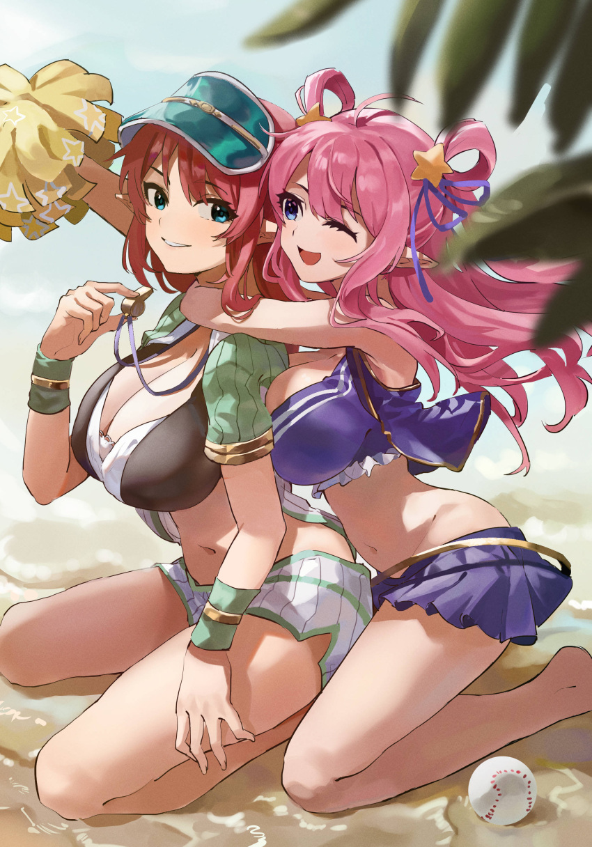 aikawa_misato bikini_top cheerleader cleavage hirasawagitai kashiwazaki_hatsune open_shirt pointy_ears princess_connect princess_connect!_re:dive swimsuits tennis