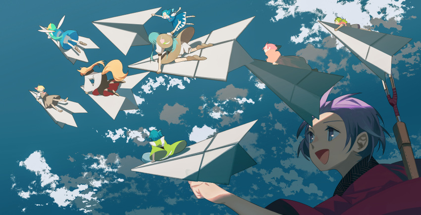 6+girls absurdres animal_ears black_headwear black_skirt black_vest blonde_hair blouse blue_bow blue_dress blue_eyes blue_hair blue_sky bow brown_footwear brown_hair cirno cloak cloud cloudy_sky cravat daiyousei day dress drill_hair fairy fairy_wings flying food frilled_kimono frills fruit green_hair green_kimono hair_bow hair_ribbon hat head_fins highres hinanawi_tenshi holding holding_paper horns ice ice_wings imaizumi_kagerou japanese_clothes kimono komano_aunn leaf long_hair long_skirt long_sleeves looking_at_another mary_janes mermaid monster_girl multiple_girls necktie needle_sword open_mouth ouka_musci outdoors paper paper_airplane peach pinafore_dress puffy_short_sleeves puffy_sleeves purple_hair red_cloak red_eyes red_hair red_kimono red_neckwear red_ribbon red_shirt ribbon rumia sekibanki shirt shoes short_hair short_sleeves shorts side_ponytail single_horn sitting skirt sky sukuna_shinmyoumaru sword sword_behind_back tail thumbs_up touhou vest wakasagihime weapon weapon_on_back white_blouse white_dress wing_collar wings wolf_ears wolf_tail yellow_bow