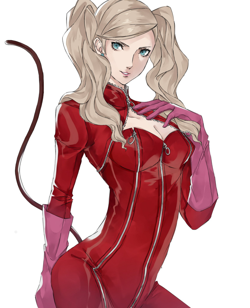 1girl arm_up bangs blonde_hair blue_eyes bodysuit boots breasts cat_mask cat_tail catsuit earrings gloves hand_on_own_chest high_heels highres jewelry lips long_hair long_sleeves looking_at_viewer looking_back medium_breasts persona persona_5 pertex_777 pink_gloves red_bodysuit red_legwear simple_background solo tail takamaki_anne thigh_boots thighhighs twintails white_background zipper