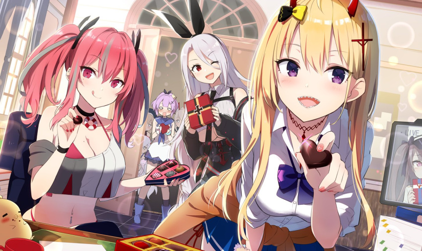 6+girls :d :q ;d =_= animal_ears arm_support ayanami_(azur_lane) azur_lane bangs bare_shoulders bear_ears beret bikini bikini_under_clothes black_hair black_legwear black_neckwear black_ribbon black_sleeves blonde_hair blue_footwear blue_skirt blush boots bow bowtie box breasts bremerton_(azur_lane) brown_cardigan brown_hair camisole cardigan cardigan_around_waist chocolate cleavage clothes_around_waist collarbone collared_shirt commentary_request cowboy_shot crop_top crop_top_overhang cross_hair_ornament crossed_legs crown detached_sleeves door dress ear_piercing eyebrows_visible_through_hair feeding food full_body glint gloves gotyou grey_hair hair_between_eyes hair_ornament hair_ribbon hairband hat headgear heart heart-shaped_box high-waist_skirt high_ponytail highleg highleg_bikini holding holding_box holding_food hood hood_down horn_bow horns indoors iron_blood_(emblem) iron_cross jacket javelin_(azur_lane) jitome kumano_(azur_lane) laffey_(azur_lane) large_breasts leaning_forward lens_flare lifebuoy_ornament long_hair looking_at_viewer loose_bowtie manjuu_(azur_lane) medium_hair midriff mini_crown mole mole_on_breast mole_under_eye monitor multicolored_hair multiple_girls nail_polish navel navel_piercing necktie o_o off-shoulder_shirt off_shoulder official_art one_eye_closed one_side_up oni_horns open_mouth pamiat_merkuria_(azur_lane) paper_stack peeking_out piercing pink_bikini pink_eyes pink_hair pink_jacket pink_nails plaid plaid_skirt pleated_skirt ponytail prinz_heinrich_(azur_lane) purple_eyes purple_hair purple_nightgown purple_skirt red_eyes ribbed_shirt ribbon sharp_teeth shirt short_hair short_sleeves side-tie_peek sidelocks silver_hair single_bare_shoulder single_glove sitting skirt sleeves_rolled_up smile socks standing streaked_hair swimsuit table teeth thighhighs tongue tongue_out twintails two-tone_hair two-tone_shirt underboob upper_body valentine very_long_hair video_call white_camisole white_dress white_gloves white_hair white_headwear white_shirt wide_ponytail window wristband z23_(azur_lane)
