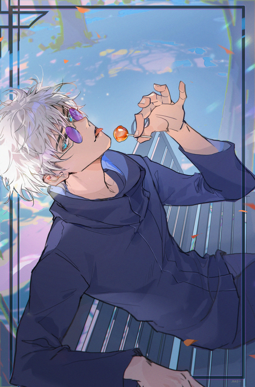 1boy absurdres bangs bench black_jacket black_pants blue_eyes candy cowboy_shot food framed fxmao- gojou_satoru hair_between_eyes hand_up high_collar highres holding holding_candy holding_food holding_lollipop jacket jujutsu_kaisen lollipop long_sleeves looking_at_viewer male_focus pants round_eyewear short_hair sitting solo sunglasses tongue tongue_out white_hair