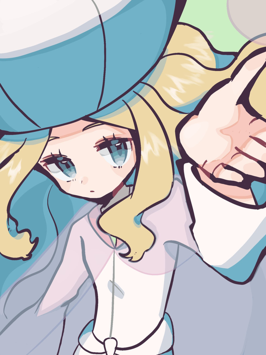 1girl arm_up blonde_hair caitlin_(pokemon) closed_mouth commentary_request donguri_big dress elite_four eyelashes grey_eyes hat highres long_hair long_sleeves looking_up pokemon pokemon_(game) pokemon_bw see-through solo white_dress