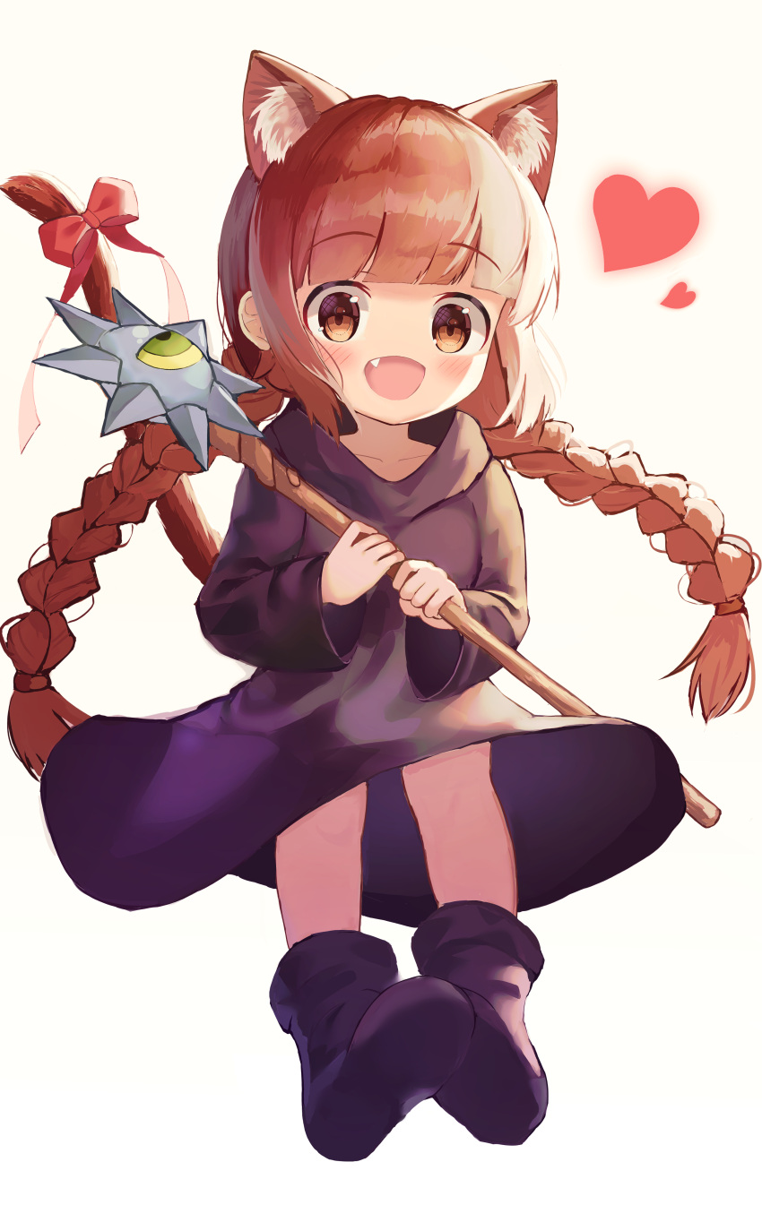1girl :d absurdres animal_ear_fluff animal_ears bangs bitseon black_dress blunt_bangs blush bow braid brown_eyes brown_hair cat_ears child collarbone commentary_request dress eyebrows_visible_through_hair fang grey_background hands_up heart highres holding holding_staff hooded_robe kukuri long_hair looking_at_viewer mahoujin_guruguru open_mouth purple_footwear red_bow shoes simple_background smile solo staff tail tail_bow tail_ornament twin_braids