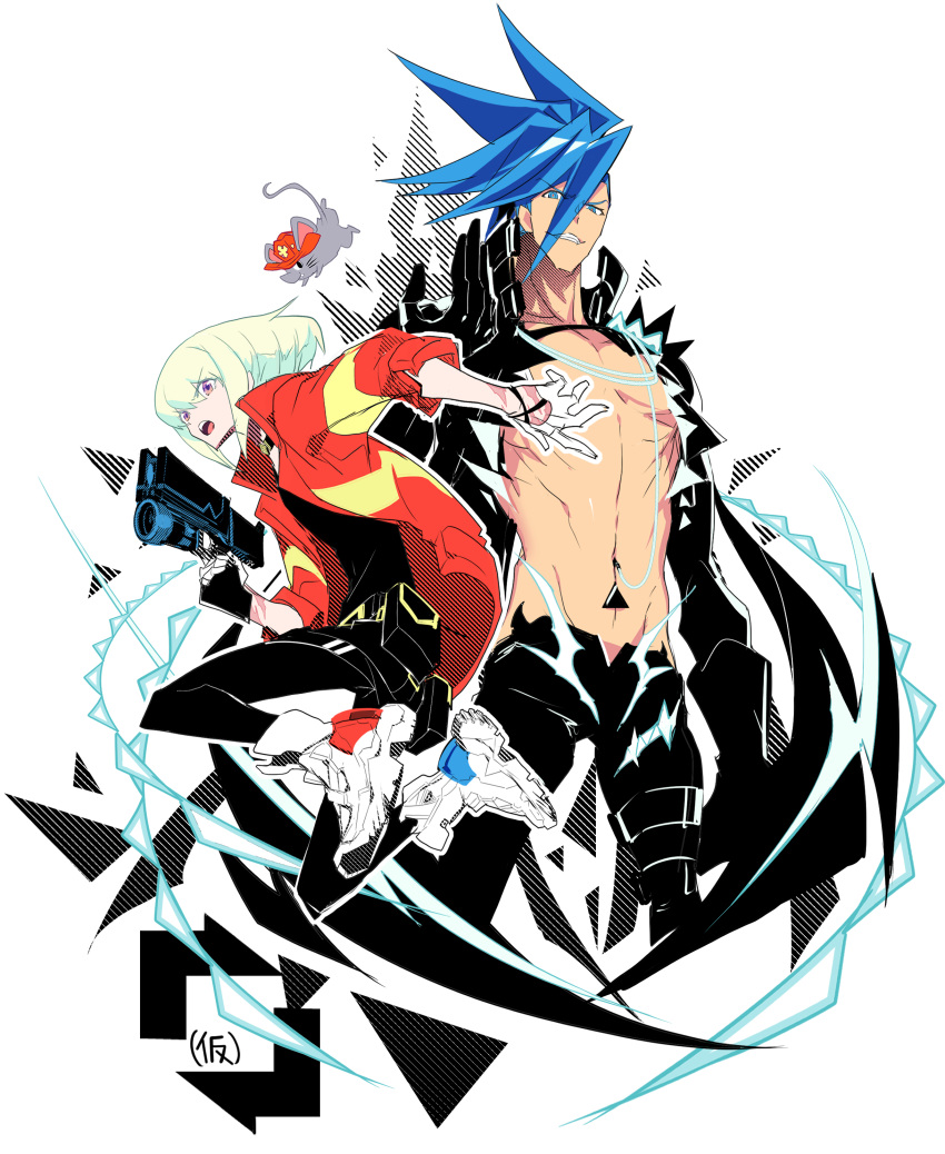 2boys absurdres animal blue_eyes blue_hair cover cover_page doujin_cover galo_thymos green_hair groin highres jacket leather leather_pants lio_fotia mad_burnish male_focus manbou_no_ane multiple_boys pants promare rat scar shirtless shoes smile smirk sneakers spiked_hair suspenders uniform vinny_(promare) what_if