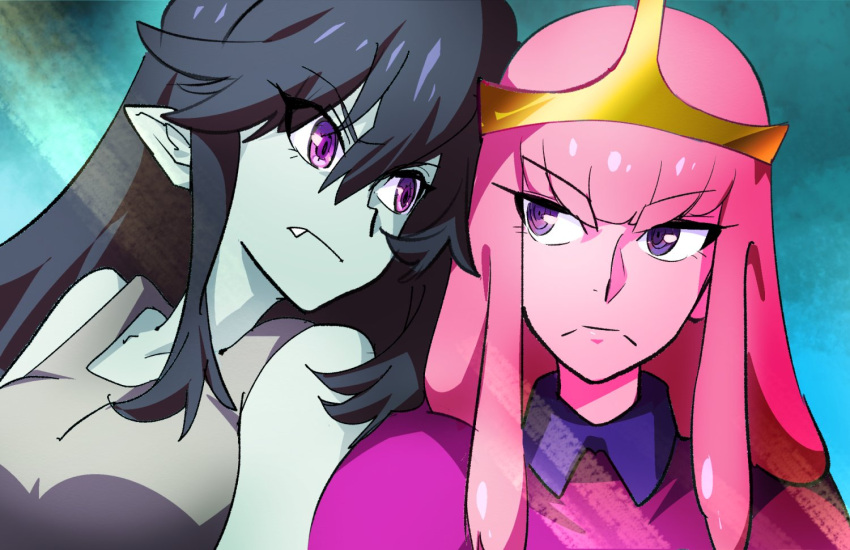 2girls adventure_time black_hair colored_skin eye_contact eyebrows_visible_through_hair eyes_visible_through_hair fang frown grey_skin gyosone kill_la_kill looking_at_another marceline_abadeer multiple_girls parody pink_hair pink_skin pointy_ears princess_bonnibel_bubblegum purple_eyes style_parody tank_top tiara upper_body vampire