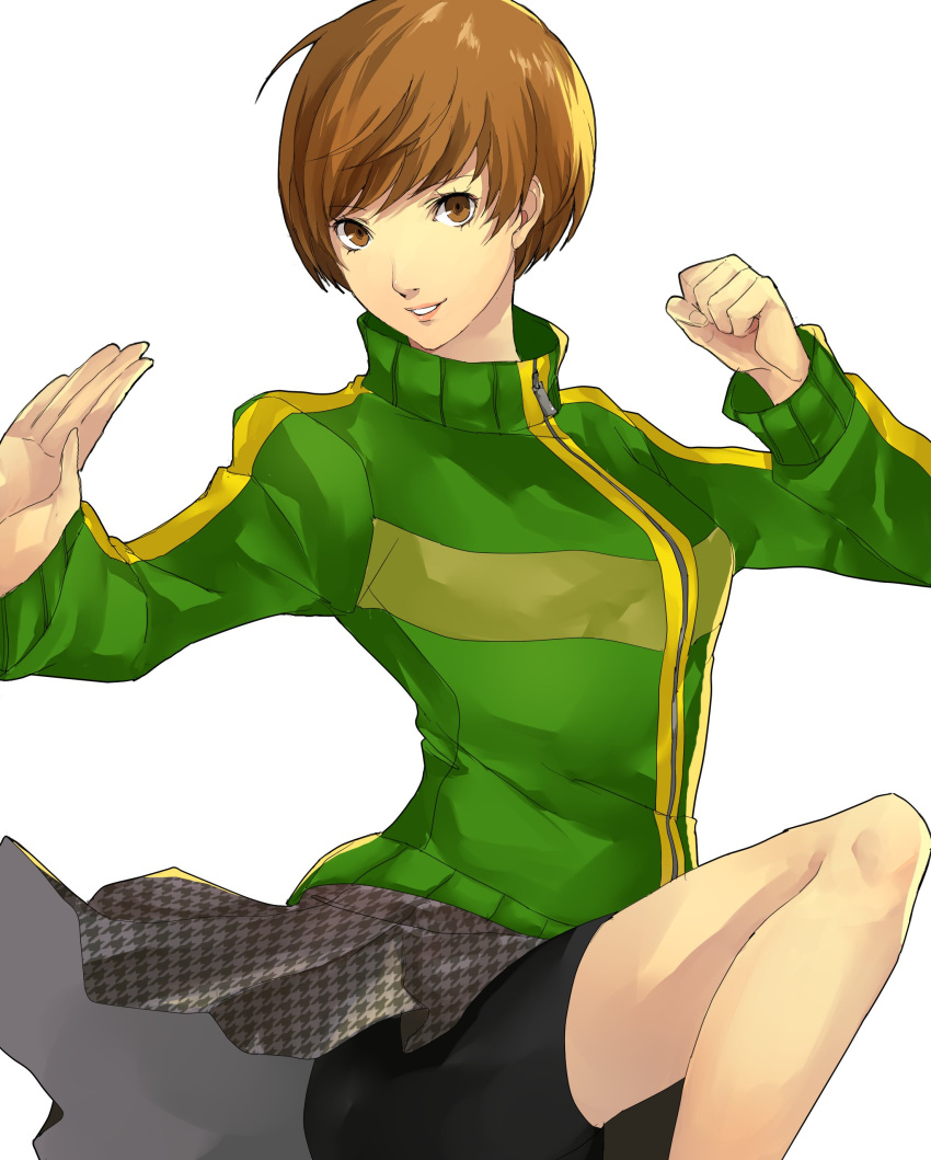 1girl absurdres bad_arm bangs bare_legs bike_shorts breasts brown_eyes brown_hair eyelashes feet_out_of_frame fighting_stance green_jacket highres jacket long_sleeves looking_at_viewer medium_breasts persona persona_4 pertex_777 pins satonaka_chie school_uniform short_hair simple_background sitting skirt solo track_jacket white_background yasogami_school_uniform zipper