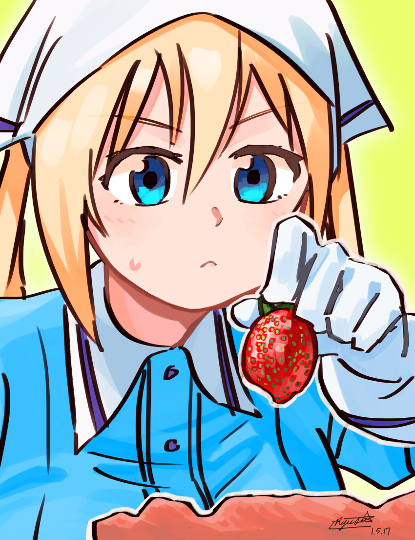 1girl :&lt; absurdres blend_s blonde_hair blue_shirt closed_mouth dated food fruit gloves green_background head_scarf highres hinata_kaho holding holding_food holding_fruit long_sleeves ryusei_hashida shirt signature solo stile_uniform strawberry sweat twintails upper_body white_gloves