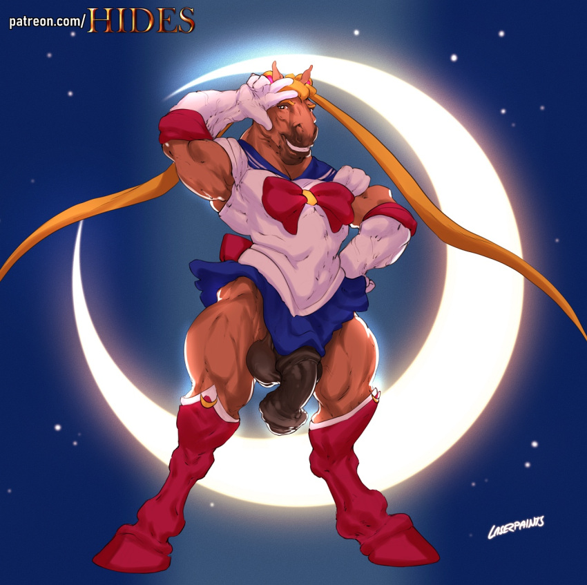 anthro boots bottomwear bow_tie clothed clothing crossdressing draft_horse equid equine flaccid flared_penis footwear genitals hi_res horse laser_(artist) male mammal meme moon muscular muscular_anthro muscular_male penis sailor_moon_(character) sailor_moon_(series) sailor_moon_redraw_challenge skirt skirt_boner solo text tight_clothing url