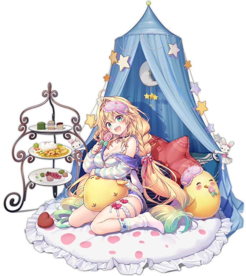 1girl ;p absurdly_long_hair azur_lane black_choker blonde_hair braid breasts candy choker cleavage cross cross_necklace curry eyebrows_visible_through_hair food frilled_nightgown gradient_hair green_eyes green_hair heart highres holding holding_candy holding_food holding_lollipop jewelry large_breasts le_temeraire_(azur_lane) le_temeraire_(dream_dolce)_(azur_lane) lollipop long_hair manjuu_(azur_lane) multicolored_hair necklace nightgown official_art one_eye_closed pillow riichu socks solo tongue tongue_out transparent_background twin_braids very_long_hair white_legwear