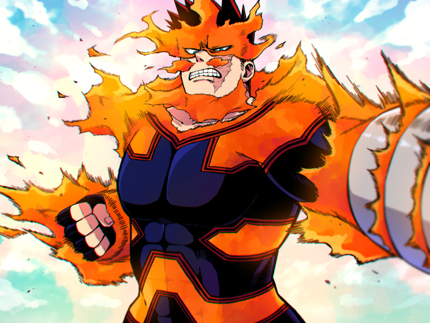 1boy bara beard blue_bodysuit blue_eyes bodysuit boku_no_hero_academia covered_abs facial_hair fighting_stance fire large_pectorals looking_at_viewer male_focus mature_male miso_(mimimiso) muscular muscular_male red_hair scar scar_across_eye short_hair sideburns solo spiked_hair stubble todoroki_enji upper_body