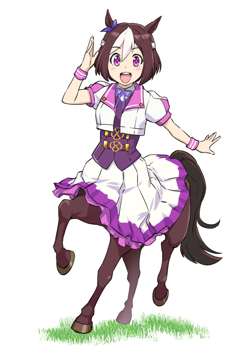 1girl :d animal_ears bangs blush blush_stickers bow breasts brown_hair centaur collared_shirt commentary_request ear_ribbon eyebrows_visible_through_hair full_body grass hair_between_eyes hand_up highres horse_ears horse_tail long_skirt looking_at_viewer monster_girl monsterification multicolored_hair neck_ribbon open_mouth pleated_skirt purple_bow purple_eyes purple_ribbon purple_vest ribbon running school_uniform shirt short_hair short_sleeves sidelocks simple_background skirt small_breasts smile solo special_week tail tracen_school_uniform two-tone_hair ueyama_michirou umamusume upper_teeth vest white_background white_hair white_shirt white_skirt white_vest wristband