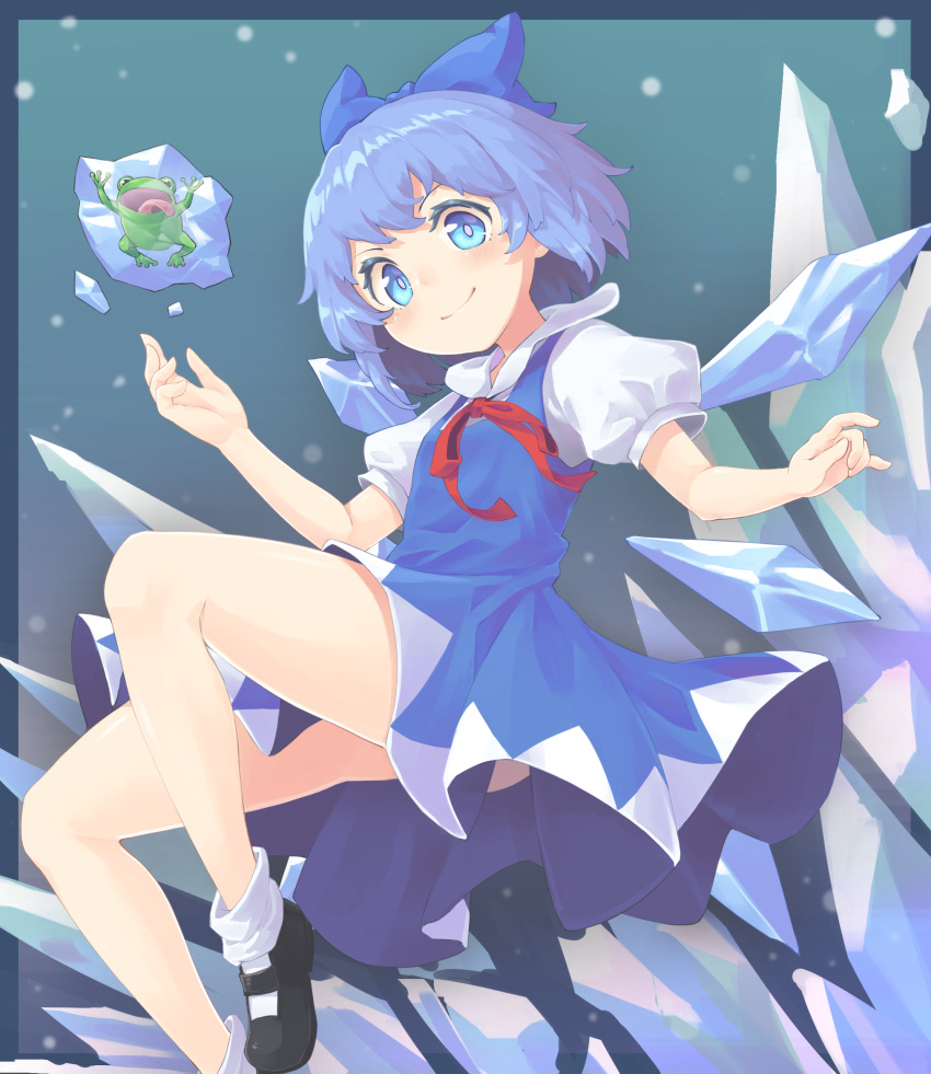 &gt;:) 1girl black_footwear blue_bow blue_dress blue_eyes blue_hair blush bow cirno closed_mouth determined dress eyelashes five_star_stories flying frog frozen_frog hair_bow highres ice ice_wings looking_at_viewer nano_(mianhua_maoqiu) neck_ribbon pinafore_dress puffy_short_sleeves puffy_sleeves red_ribbon ribbon shirt shoes short_dress short_hair short_sleeves smile socks solo touhou v-shaped_eyebrows w_arms white_legwear white_shirt wing_collar wings