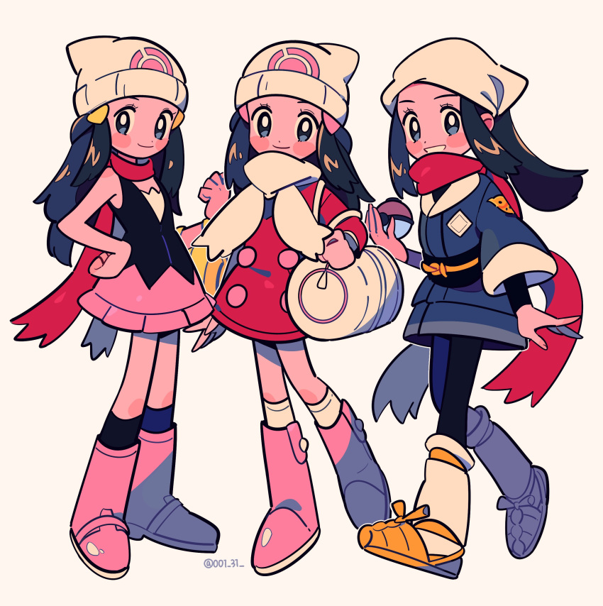 3girls absurdres bag beanie black_hair black_legwear blush_stickers boots chueog closed_mouth coat dawn_(pokemon) dress duffel_bag eyelashes female_protagonist_(pokemon_legends:_arceus) grey_eyes hair_ornament hairclip hat head_scarf highres holding holding_poke_ball long_hair long_sleeves looking_at_viewer multiple_girls over-kneehighs pink_footwear poke_ball poke_ball_(legends) pokemon pokemon_(game) pokemon_dppt pokemon_legends:_arceus pokemon_platinum red_coat red_scarf sash scarf short_dress sidelocks smile socks standing thighhighs white_bag white_headwear white_legwear white_scarf