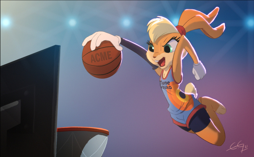 2021 4_fingers acornart anthro ball barefoot basketball_(ball) bottomwear buckteeth clothed clothing feet female fingers fully_clothed fur gloves handwear lagomorph leporid light lighting lola_bunny looney_tunes mammal midair open_mouth rabbit shaded shirt shorts solo tank_top teeth topwear warner_brothers