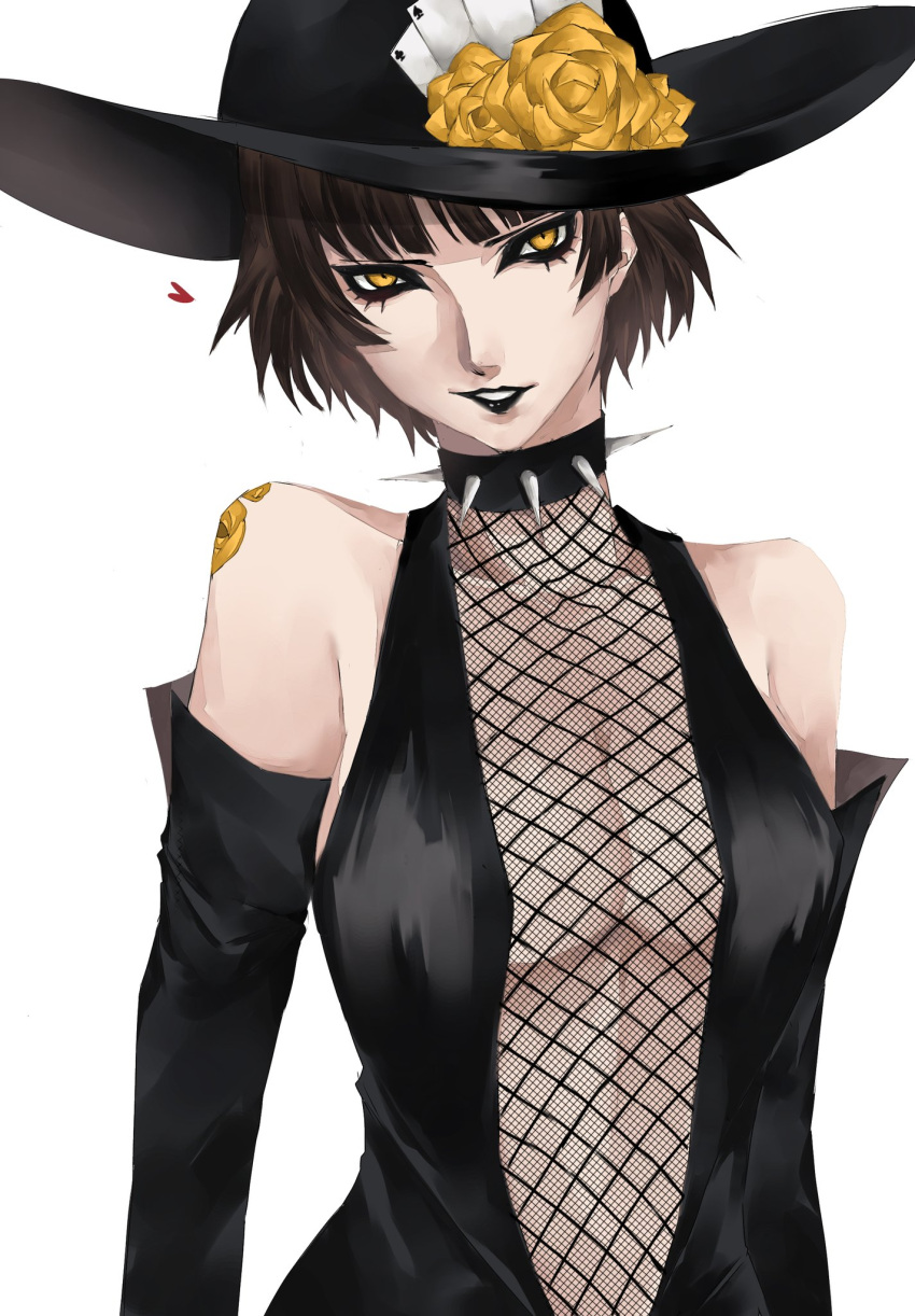 1girl bangs bare_shoulders black_choker black_headwear black_lips breasts brown_hair card choker collar collarbone cosplay costume_switch detached_sleeves eyeshadow flower grin hat_over_one_eye heart highres lips long_sleeves looking_at_viewer makeup medium_breasts navel niijima_makoto persona persona_5 pertex_777 rose see-through shadow_(persona) short_hair simple_background smile solo spiked_collar spikes tattoo white_background yellow_eyes yellow_flower