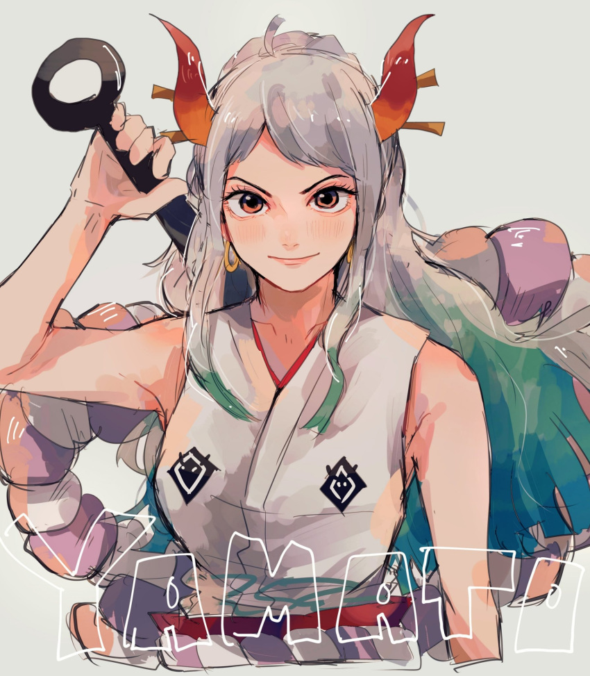1girl ahoge arm_at_side arm_up armpits bangs bare_arms bare_shoulders character_name closed_mouth club commentary_request cropped_torso curled_horns earrings green_hair grey_hair hair_ornament hair_stick highres holding holding_weapon hoop_earrings horns japanese_clothes jewelry kanabou kataginu looking_at_viewer mimo_(mrc0504) multicolored_hair multicolored_horns one_piece oni orange_eyes orange_horns parted_bangs red_horns rope shimenawa sketch smile solo two-tone_hair upper_body weapon weapon_on_back yamato_(one_piece)