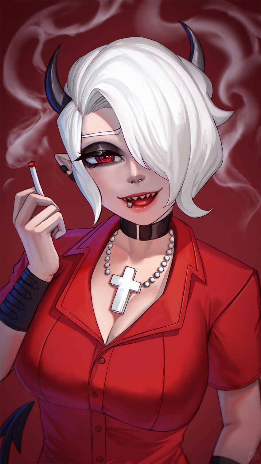 1girl ava_(ava31) bangs bead_necklace beads black_choker black_horns breasts choker cigarette cleavage collarbone collared_shirt commentary demon_girl demon_horns dress_shirt ear_piercing hair_over_one_eye half-closed_eye hand_up helltaker highres holding holding_cigarette horns jewelry large_breasts looking_at_viewer necklace open_mouth piercing red_background red_eyes sharp_teeth shirt short_hair smile smoke smoking solo tail teeth tongue upper_body white_hair zdrada_(helltaker)