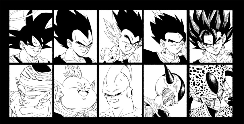 6+boys antennae armor bangs biceps black_border black_eyes black_hair black_sclera border cell_(dragon_ball) close-up closed_eyes closed_mouth colored_sclera commentary dai_kaioushin dragon_ball dragon_ball_z dragon_ball_z:_hyper_dimension earrings evil_smile face facing_viewer fenyon finger_to_face fingernails fingers_together frieza gloves gotenks grin halo hand_up head_down high_collar highres horns imperfect_cell jewelry long_fingernails looking_afar looking_at_viewer majin_buu metamoran_vest mohawk monochrome multicolored_hair multiple_boys neckerchief over_shoulder piccolo pointy_ears potara_earrings profile saiyan_armor simple_background slit_pupils smile son_gohan son_goku spiked_hair streaked_hair super_buu sword sword_over_shoulder tail turban vegeta vegetto weapon weapon_over_shoulder white_background