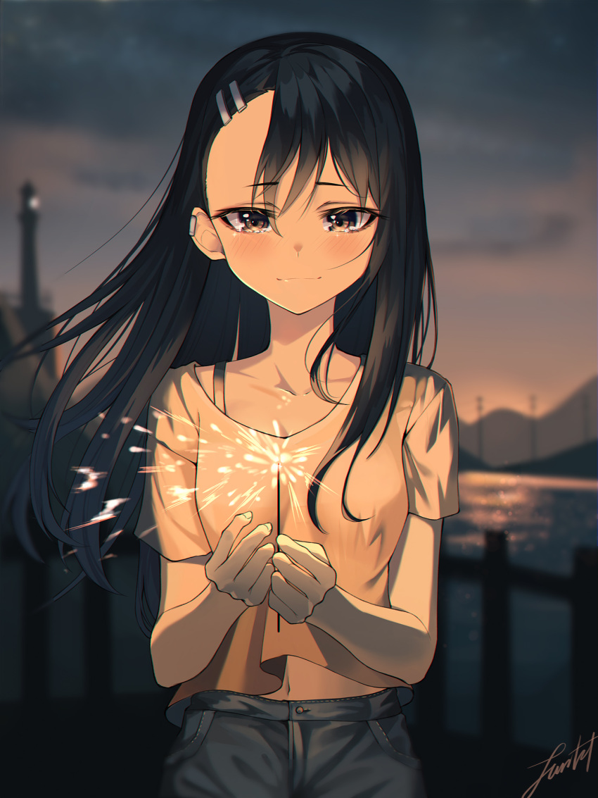 1girl asymmetrical_bangs bangs black_hair blurry blurry_background blush breasts brown_eyes casual commentary_request dark_skin dark_skinned_female denim ear_clip fireworks highres ijiranaide_nagatoro-san junkt729 light_smile lighthouse long_hair nagatoro_hayase night ocean pier small_breasts solo sparkler