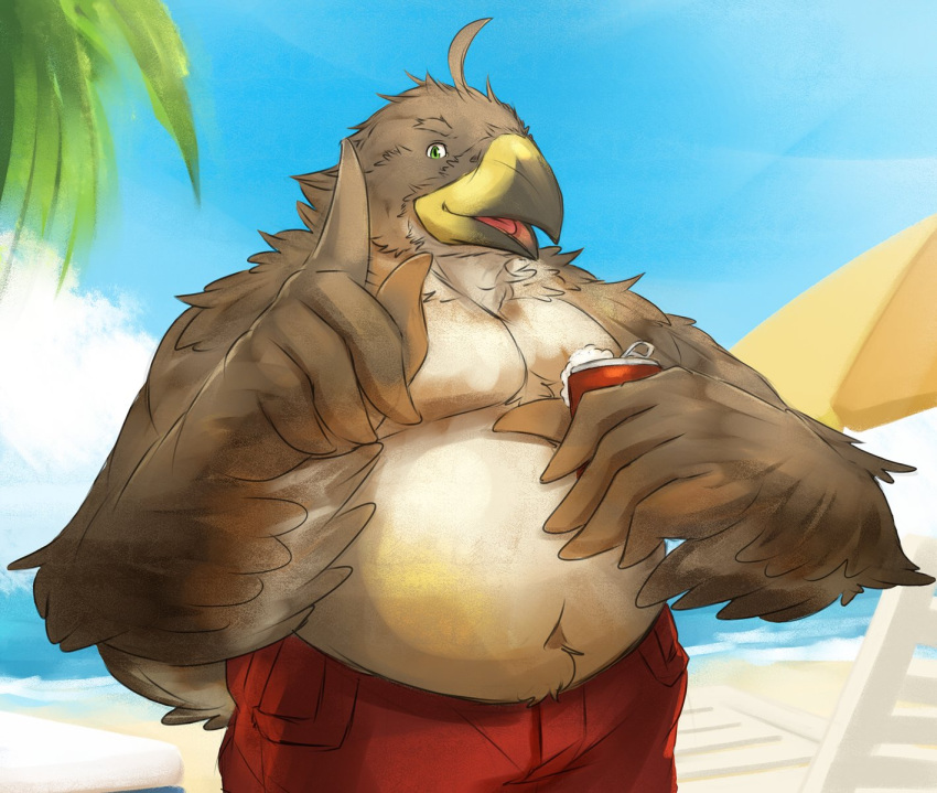 2018 accipitrid accipitriform alcohol anthro avian beach beak beer belly beverage beverage_can big_belly biped bird black_beak bottomwear brown_body brown_feathers cinna-tree clothed clothing cloud day feathered_wings feathers front_view furgonomics gesture green_eyes hi_res kemono looking_at_viewer male multicolored_body multicolored_feathers navel open_beak open_mouth open_smile outside overweight overweight_anthro overweight_male palm_tree plant pointing pointing_up portrait sand seaside shorts sky smile smiling_at_viewer solo standing swimwear tail_clothing tail_feathers three-quarter_portrait tongue topless tree two_tone_beak water white_body white_feathers winged_arms wings yellow_beak