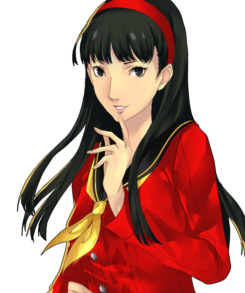 1girl amagi_yukiko bangs breasts brown_hair cardigan collarbone hairband hand_up highres large_breasts long_hair long_sleeves looking_at_viewer necktie parted_lips persona persona_4 pertex_777 school_uniform smile solo teeth upper_body yasogami_school_uniform