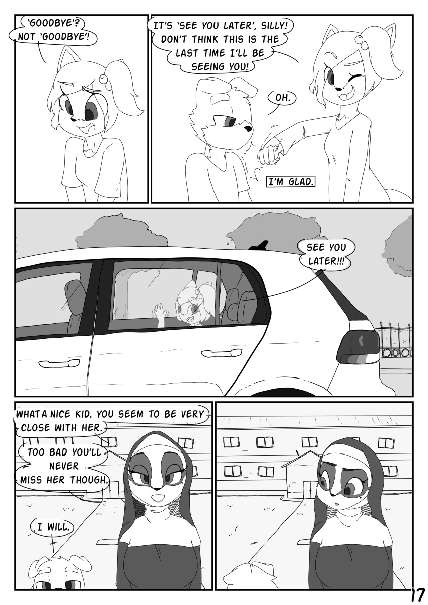 absurd_res anthro canid canine canis canisfidelis car child comic dialogue domestic_dog female hi_res humphrey_(canisfidelis) male mammal monochrome nun one_eye_closed punch seashell_(canisfidelis) vehicle wink young