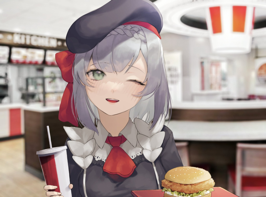 1girl ;d alternate_costume apron bangs blunt_bangs blush bow braid cabbie_hat chair drink drinking_straw employee_uniform fast_food fast_food_uniform food genshin_impact green_eyes grey_hair hair_bow hamburger hat highres holding holding_drink kb_beary looking_at_viewer noelle_(genshin_impact) one_eye_closed open_mouth red_bow red_neckwear restaurant short_hair smile solo tray uniform upper_body upper_teeth waitress