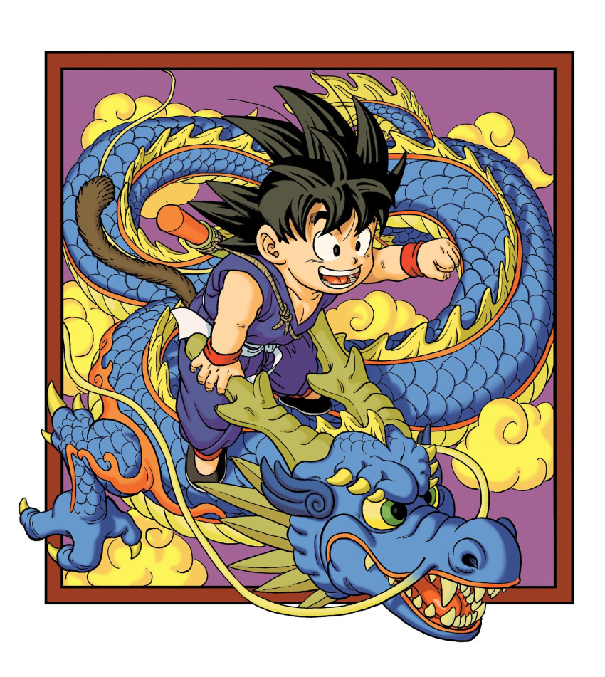 1boy :d animal black_eyes black_footwear black_hair border clenched_hand cloud collarbone dougi dragon dragon_ball dragon_ball_(classic) dragon_riding facing_viewer fingernails floating_hair full_body green_eyes happy highres horns looking_afar male_focus monkey_tail nyoibo open_mouth outside_border outstretched_hand purple_background riding shaded_face sharp_teeth shoes simple_background smile son_goku spiked_hair standing tail teeth toriyama_akira_(style) wangsen578 weapon whiskers white_border wristband