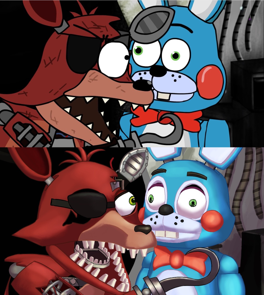 2015 angry animatronic anthro big_eyes big_teeth black_eyebrows black_eyes black_nose blue_body blue_ears bow_tie buckteeth canid canine close-up cross-eyed detailed dilated_pupils duo endoskeleton exposed_endoskeleton eye_patch eyebrows eyewear five_nights_at_freddy's five_nights_at_freddy's_2 fox green_eyes hair hi_res hook hook_hand humor lagomorph leporid long_ears machine male mammal metal metallic metallic_body multicolored_body multicolored_ears o_o open_mouth paleodraw piemations rabbit raised_arm red_body red_hair redraw robot robot_ears rosy_cheeks screencap shadow sharp_teeth short_hair standing teeth toony torn_arm torn_body toy_bonnie_(fnaf) two_tone_body video_games white_body white_ears wide_eyed wire withered withered_foxy_(fnaf) yellow_eyes