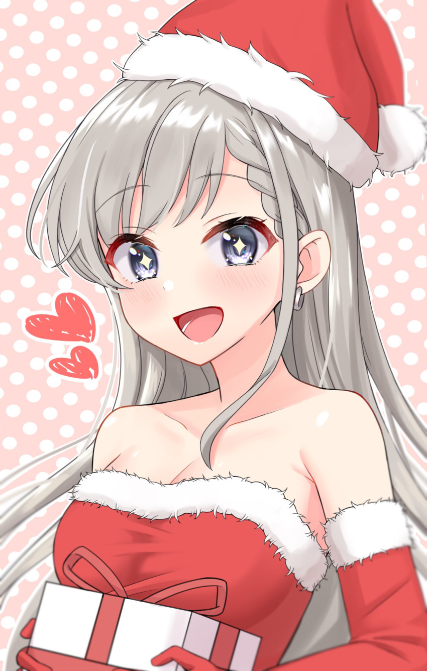 +_+ 1girl :d bangs bare_shoulders blush box braid braided_bangs breasts cleavage collarbone commentary_request dress earrings elbow_gloves eyebrows_visible_through_hair fur-trimmed_dress fur-trimmed_gloves fur-trimmed_headwear fur_trim gift gift_box gloves grey_eyes grey_hair heart highres hisakawa_hayate holding holding_gift idolmaster idolmaster_cinderella_girls idolmaster_cinderella_girls_starlight_stage jewelry long_hair looking_at_viewer medium_breasts mitsumine_raimu open_mouth pink_background polka_dot polka_dot_background red_dress red_gloves red_headwear santa_costume smile solo strapless strapless_dress upper_body