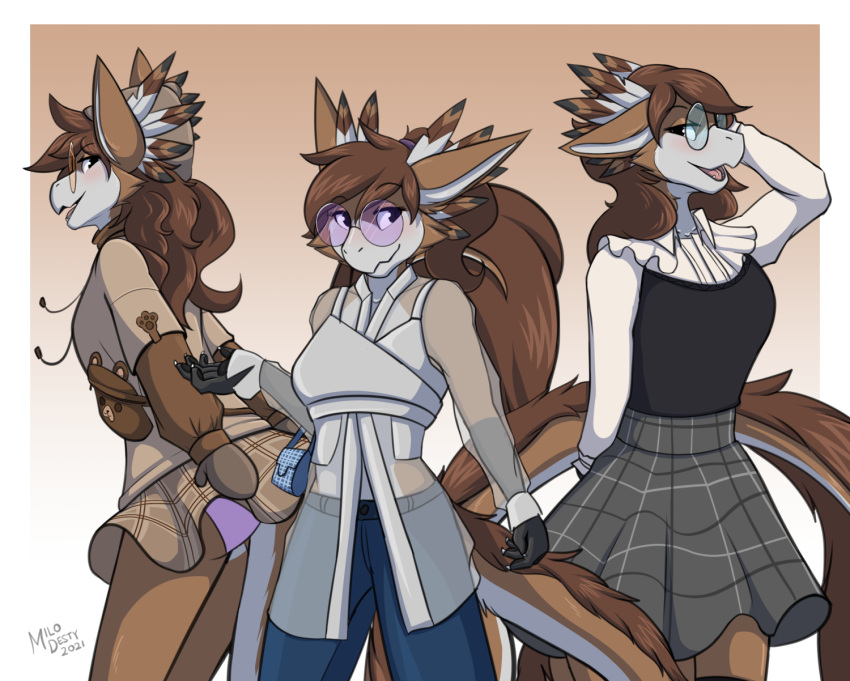 2021 anthro avian biped black_clothing black_shirt black_topwear blush bottomwear breasts brown_hair clothed clothing destiny_(milodesty) dragon eyewear female fully_clothed glasses gryphon hair hi_res hybrid milodesty mythological_avian mythology shirt skirt smile solo standing topwear