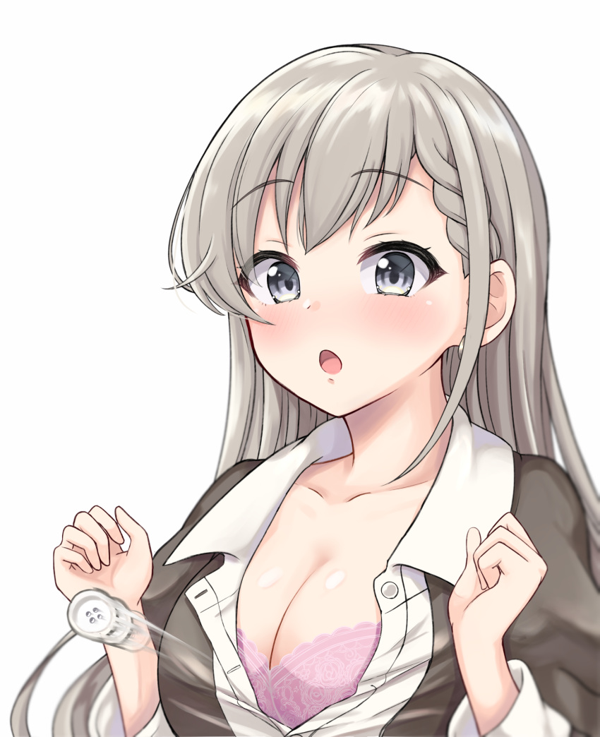 1girl bangs black_jacket blush bra braid braided_bangs breasts cleavage collarbone collared_shirt commentary_request dress_shirt eyebrows_visible_through_hair grey_eyes grey_hair hands_up highres hisakawa_hayate idolmaster idolmaster_cinderella_girls idolmaster_cinderella_girls_starlight_stage jacket juliet_sleeves long_hair long_sleeves medium_breasts mitsumine_raimu open_mouth pink_bra popped_button puffy_sleeves shirt simple_background solo underwear upper_body white_background white_shirt
