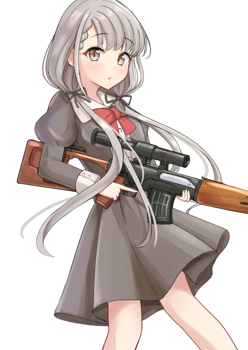 1girl bangs black_jacket black_ribbon black_skirt bow braid braided_bangs brown_eyes collared_shirt commentary_request dragunov_svd dress_shirt eyebrows_visible_through_hair feet_out_of_frame grey_hair gun hair_over_shoulder hair_ribbon highres hisakawa_nagi holding holding_gun holding_weapon idolmaster idolmaster_cinderella_girls idolmaster_cinderella_girls_starlight_stage jacket juliet_sleeves long_hair long_sleeves looking_at_viewer low_twintails mitsumine_raimu parted_lips pleated_skirt puffy_sleeves red_bow ribbon rifle shirt simple_background skirt sniper_rifle sniper_scope solo trigger_discipline twintails very_long_hair weapon white_background white_shirt