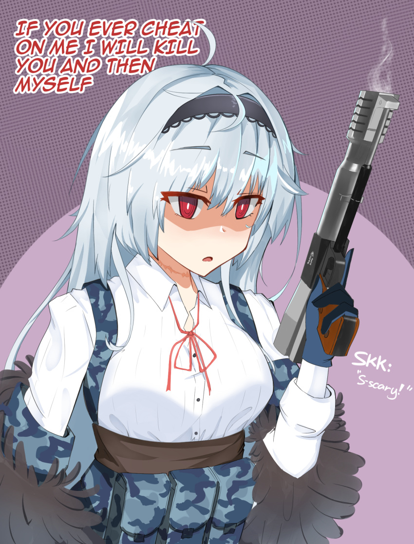 1girl blue_gloves blue_hair breasts commentary english_commentary english_text eyebrows_visible_through_hair firing fur_trim girls_frontline gloves gun hairband handgun highres holding holding_gun holding_weapon long_hair open_mouth pouch red_eyes silver_hair smoke snafu solo staring tactical_clothes thunder_(girls_frontline) triple_action_thunder vest_pouch weapon yandere