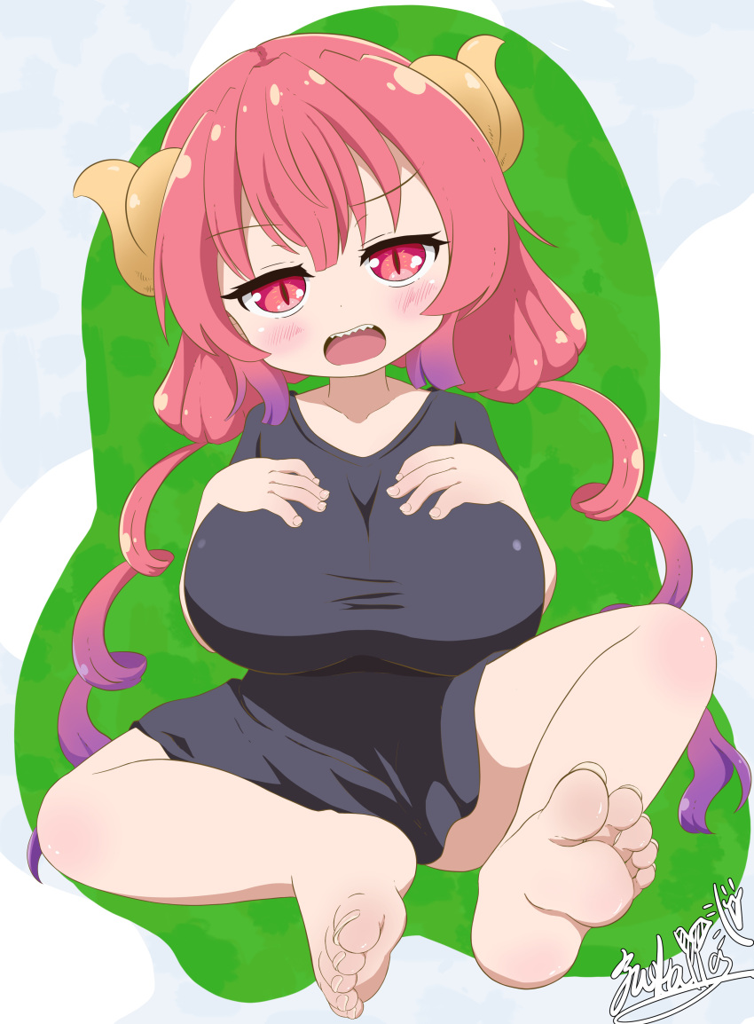 absurd_res animal_humanoid big_breasts blush breasts clothing dragon dragon_humanoid female hair hi_res horn huge_breasts humanoid iruru looking_at_viewer miss_kobayashi's_dragon_maid multicolored_hair negi_pikumin130 open_mouth pink_eyes pink_hair purple_hair sharp_teeth shirt teeth topwear