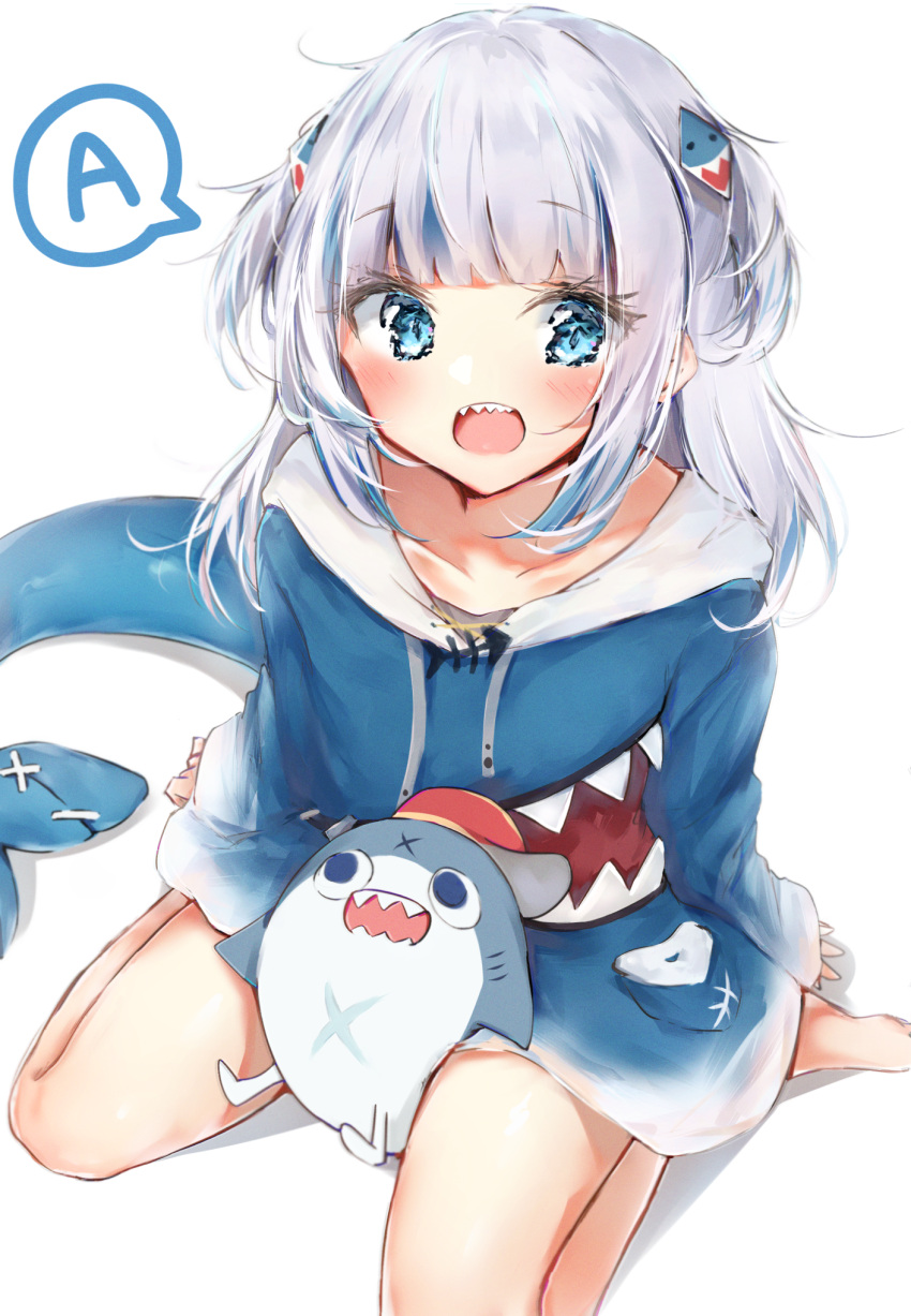 1girl :o a bangs barefoot bloop_(gawr_gura) blue_eyes blue_hair blue_hoodie blunt_bangs blush breasts collarbone eyebrows_visible_through_hair eyelashes feet fish_bone fish_tail from_above gawr_gura gradient_clothes hair_ornament highres hololive hololive_english hood hoodie long_hair long_sleeves looking_at_viewer multicolored_hair seboneko shark_hair_ornament shark_tail sharp_teeth sidelocks sideways_hat silver_hair simple_background sitting small_breasts solo spoken_letter streaked_hair tail teeth two_side_up upper_teeth virtual_youtuber wariza white_background
