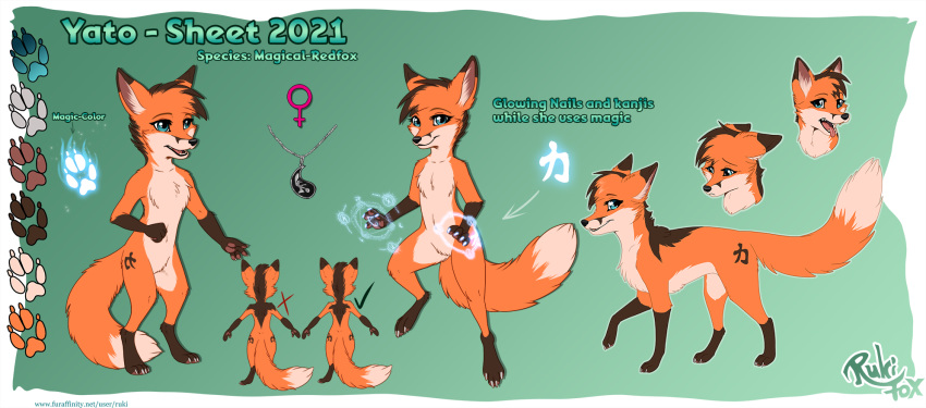 anthro canid canine female_(lore) feral fox gender_symbol glowing glowing_paws hi_res jewelry mammal model_sheet necklace paws rukifox shape_shifter solo symbol yato ♀