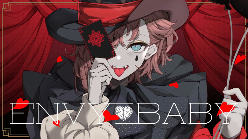 1girl ace_of_hearts asahina_akane_(nijisanji) balloon bangs blue_eyes card clown commentary_request confetti darjeeling_(reley) english_text envy_baby_(vocaloid) hat heart highres holding holding_balloon holding_playing_card long_sleeves looking_at_viewer mismatched_sleeves neck_ruff nijisanji official_art playing_card puffy_long_sleeves puffy_sleeves red_curtains red_hair red_theme second-party_source solo song_name stage stage_curtains teeth tongue tongue_out top_hat virtual_youtuber