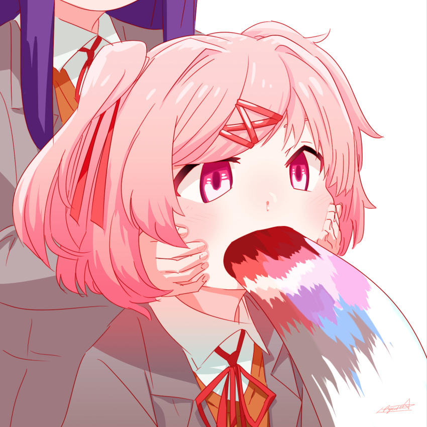 2girls blush doki_doki_literature_club grey_jacket grey_skirt hair_ornament hairclip highres jacket long_hair meme multiple_girls natsuki_(doki_doki_literature_club) neck_ribbon open_mouth pink_eyes pink_hair puffer_fish_vomiting_water purple_hair red_neckwear red_ribbon ribbon ryusei_hashida school_uniform shirt simple_background skirt solo_focus twintails white_background white_shirt wide_face x_hair_ornament yuri_(doki_doki_literature_club)