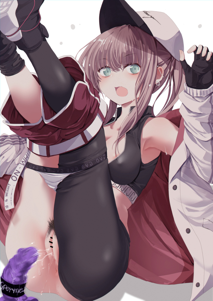 1girl after_insertion anus ar-57_(girls_frontline) bangs bar_censor black_legwear blue_eyes breasts censored covered_nipples crop_top dildo earrings eyebrows_visible_through_hair female_pubic_hair fingerless_gloves girls_frontline gloves hat highres jewelry legs_up long_hair long_sleeves looking_at_viewer mishima_hiroji open_mouth panties panty_pull pubic_hair pussy pussy_juice sex_toy shorts shorts_pull simple_background single_leg_pantyhose solo underwear white_background