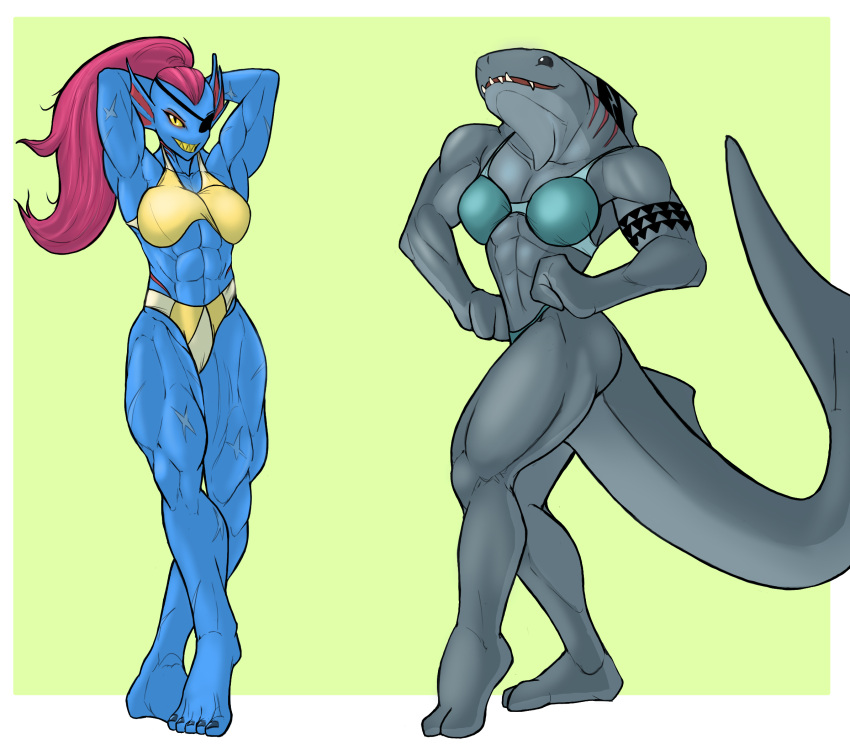 1_eye 2_toes 3_fingers 5_toes abs animal_humanoid anthro athletic athletic_anthro athletic_female barefoot bikini bikini_thong bikini_top black_eyes black_nails blue_body blue_skin breasts clothing colored_nails duo ear_fins eye_patch eyeshadow eyewear f_draws fangs feet female female/female fin fingers fish fish_humanoid flexing gills grey_body grey_skin hair hands_behind_head head_fin hi_res humanoid invalid_tag long_hair long_tail looking_at_viewer makeup marine marine_humanoid muscular muscular_anthro muscular_female nails navel open_mouth ponytail pupils red_ear_fins red_eyeshadow red_hair scar selene_(f_draws) shark sharp_teeth simple_background slit_pupils smile smiling_at_viewer standing swimwear tail_fin tattoo teeth thick_tail tied_hair toenails toes undertale undyne video_games yellow_bikini yellow_clothing yellow_sclera yellow_swimwear
