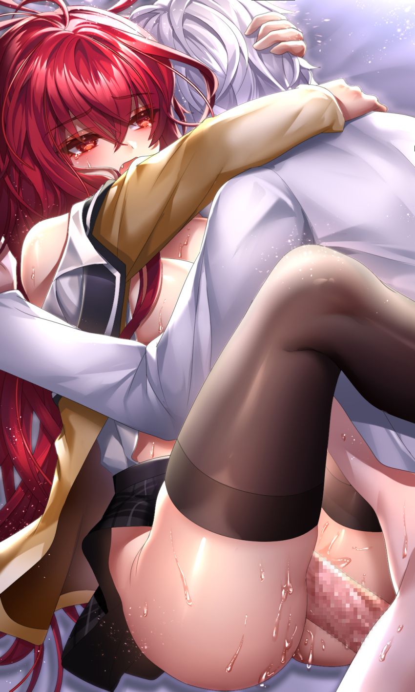 1boy 1girl ahoge arm_around_neck bangs been black_legwear black_skirt breasts brown_jacket censored cleavage dress_shirt elesis_(elsword) elsword eyebrows_visible_through_hair hair_between_eyes hand_in_another's_hair hetero highres jacket large_breasts long_hair miniskirt missionary mosaic_censoring open_clothes open_jacket open_mouth open_shirt penis plaid plaid_skirt pleated_skirt red_eyes red_hair sex shiny shiny_hair shirt silver_hair skirt skirt_lift sweat thighhighs vaginal very_long_hair white_shirt