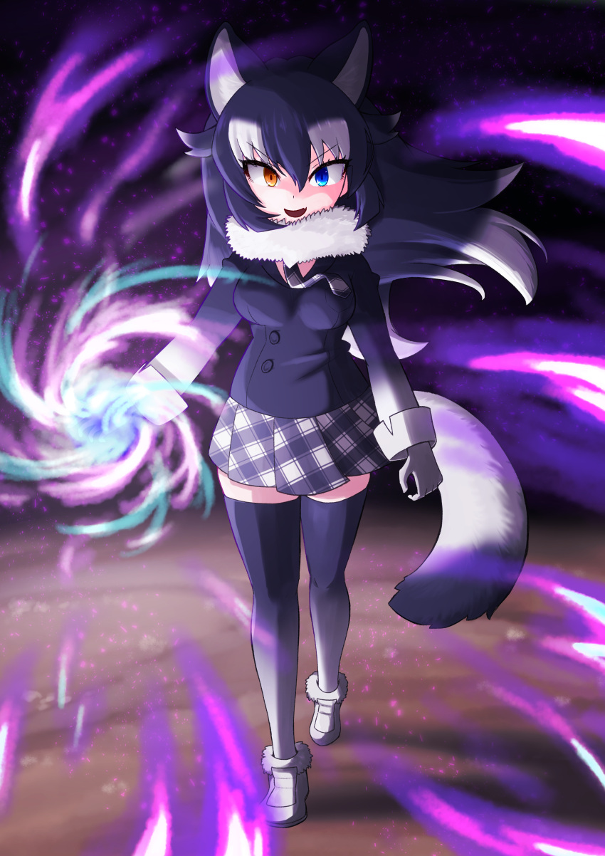 1girl absurdres animal_ears artist_request black_hair blue_eyes breast_pocket breasts energy energy_ball eyebrows_visible_through_hair fang full_body fur_collar gloves gradient gradient_legwear grey_wolf_(kemono_friends) heterochromia highres kemono_friends looking_at_viewer medium_breasts multicolored_hair necktie open_mouth plaid_neckwear pocket skin_fang solo tail thighhighs two-tone_hair white_background white_gloves wolf_ears wolf_girl wolf_tail yellow_eyes zettai_ryouiki